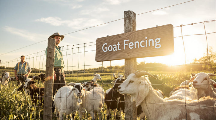 Farmer observes goats testing fence in sunrise pasture