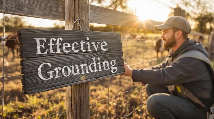 Farm owner checks electric fence grounding by a pasture sign