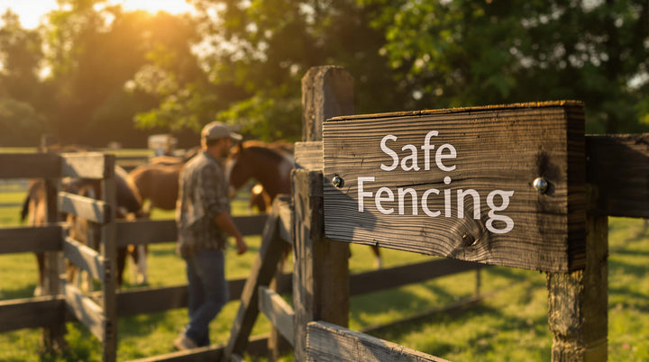 Horse owner checks strong fence in morning pasture with grazing horses