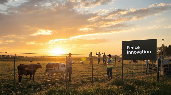 Modern farm sunrise with mixed fencing and farmers planning