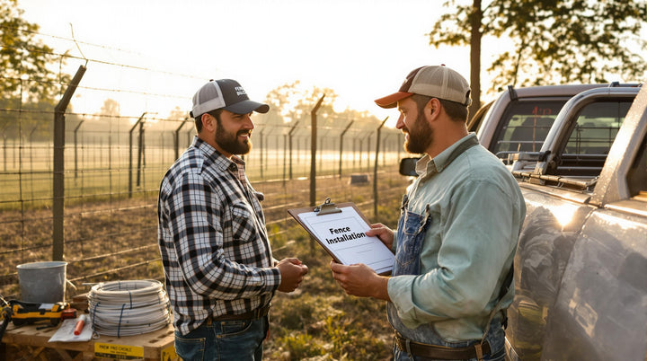 Farmers planning fence installation with tools and materials at sunrise
