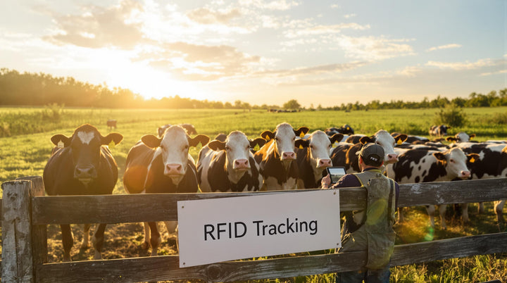 Farmer checks tablet beside cows with RFID ear tags at sunrise