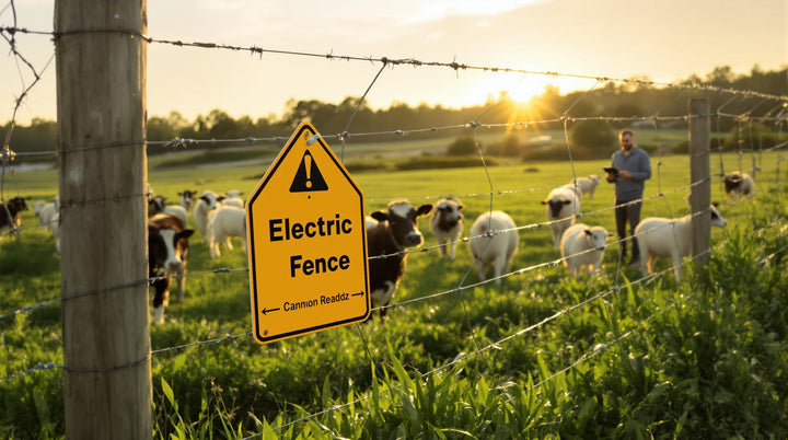 Farmer checking electric fence with livestock and warning sign