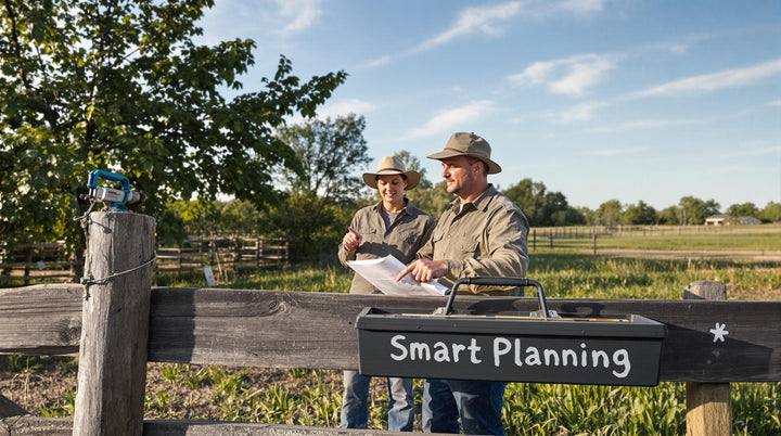 Rural property owners plan boundary fence construction at sunrise