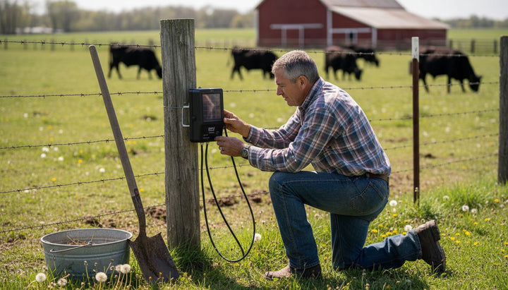 Rancher inspecting solar fence charger for cattle