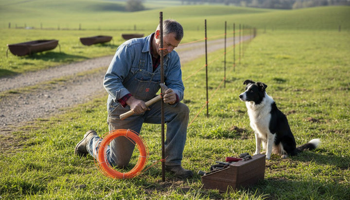 Farmer installing portable wire fence in field