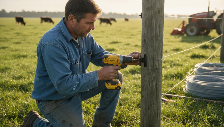 Worker uses drill bit on fence insulator