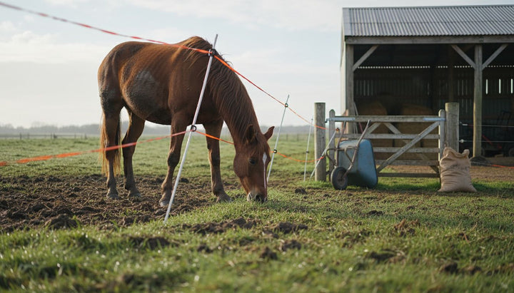 Horse grazing near portable electric fence