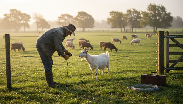 Farmer checking three-wire goat fence in field