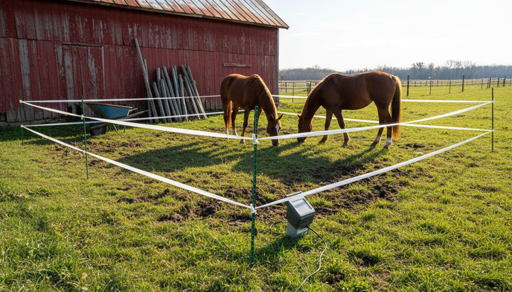 Horses grazing inside portable electric horse fencing